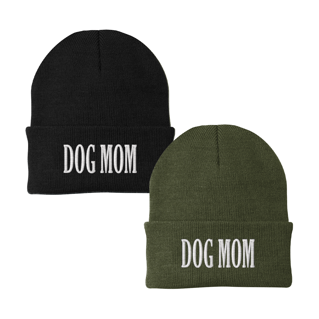Embroidered Dog Mom Beanie in Black or Military Green Knit Hat