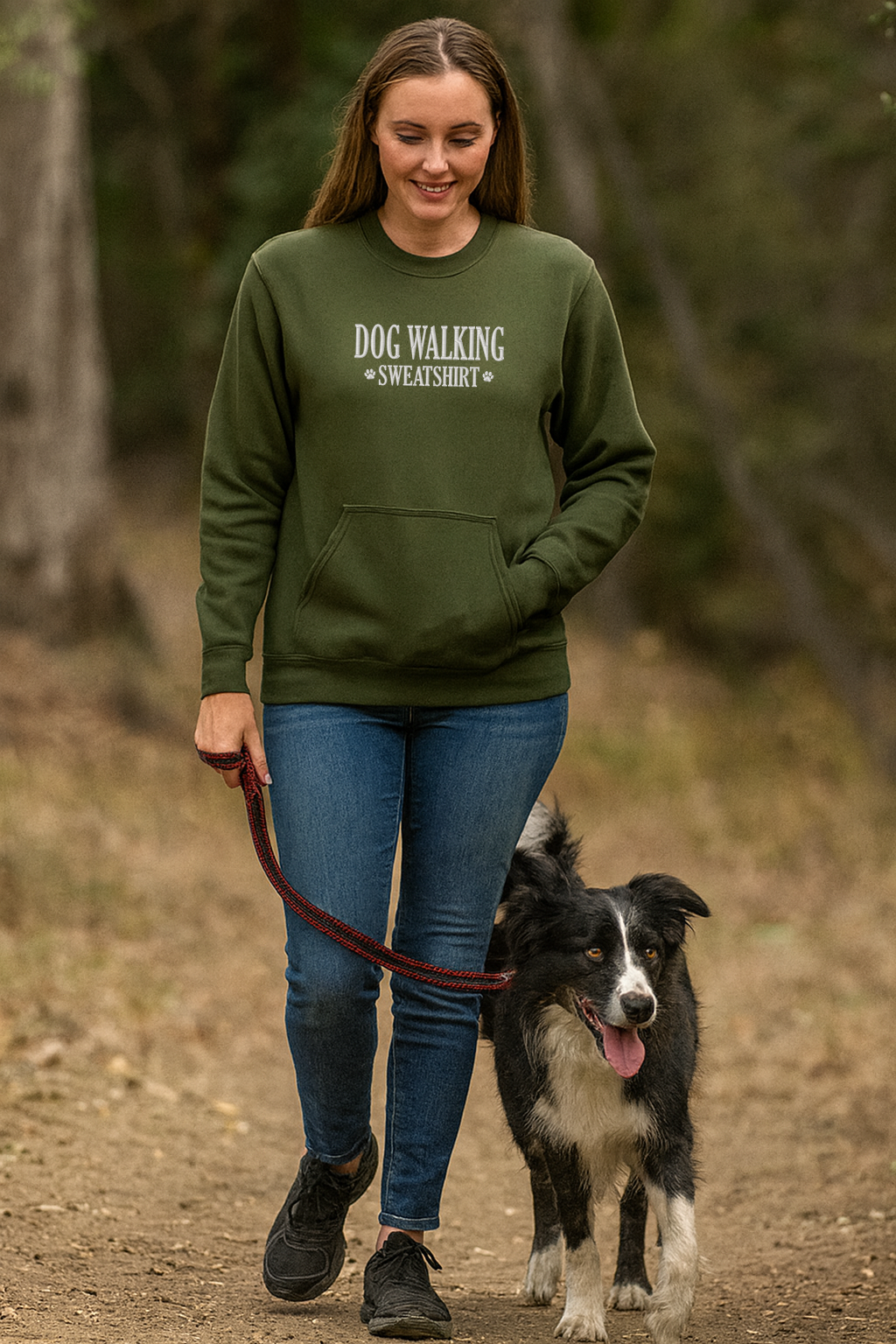 Dog Walking Embroidered Pocket Crewneck Sweatshirt