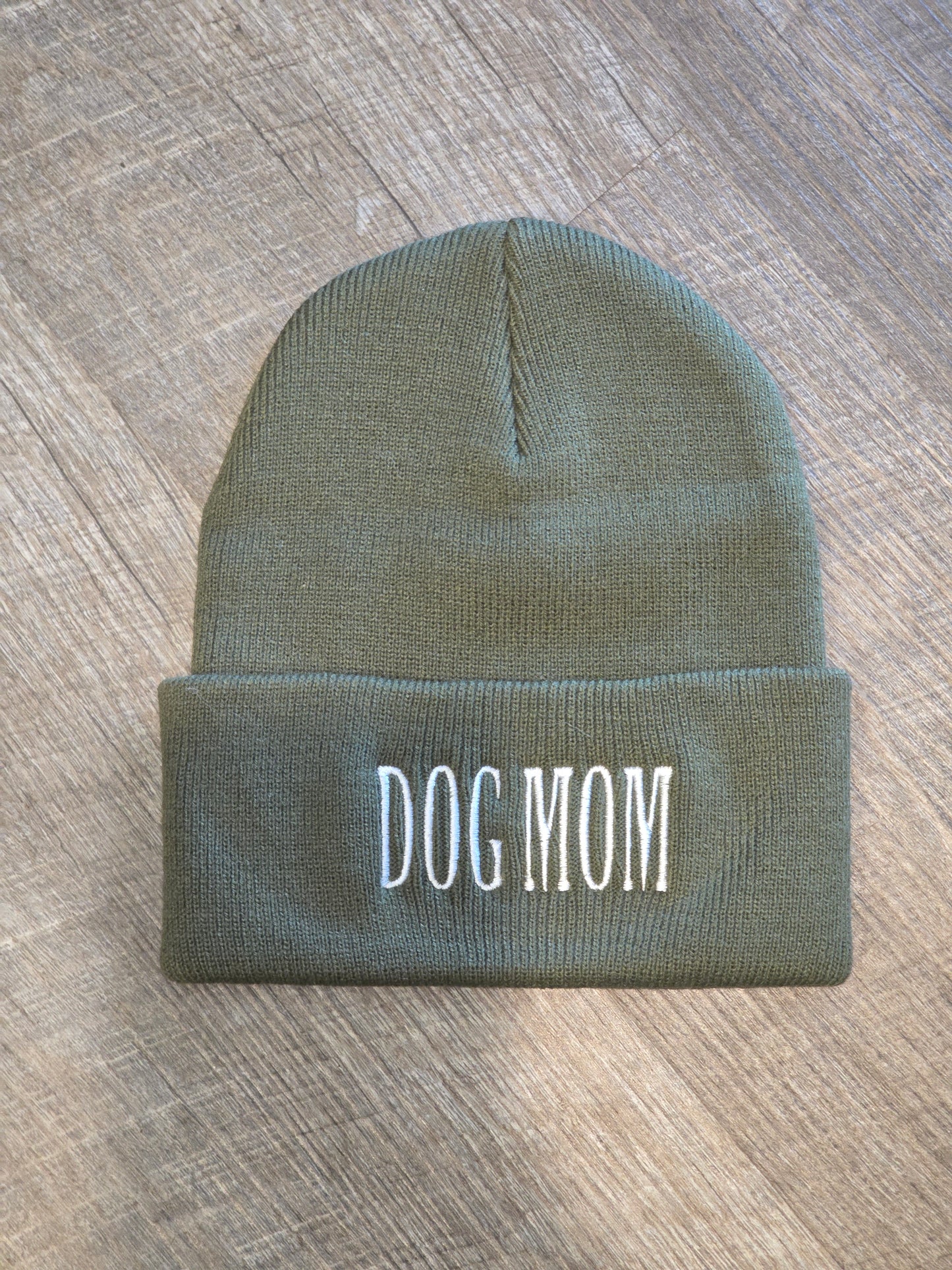 Embroidered Dog Mom Beanie in Black or Military Green Knit Hat