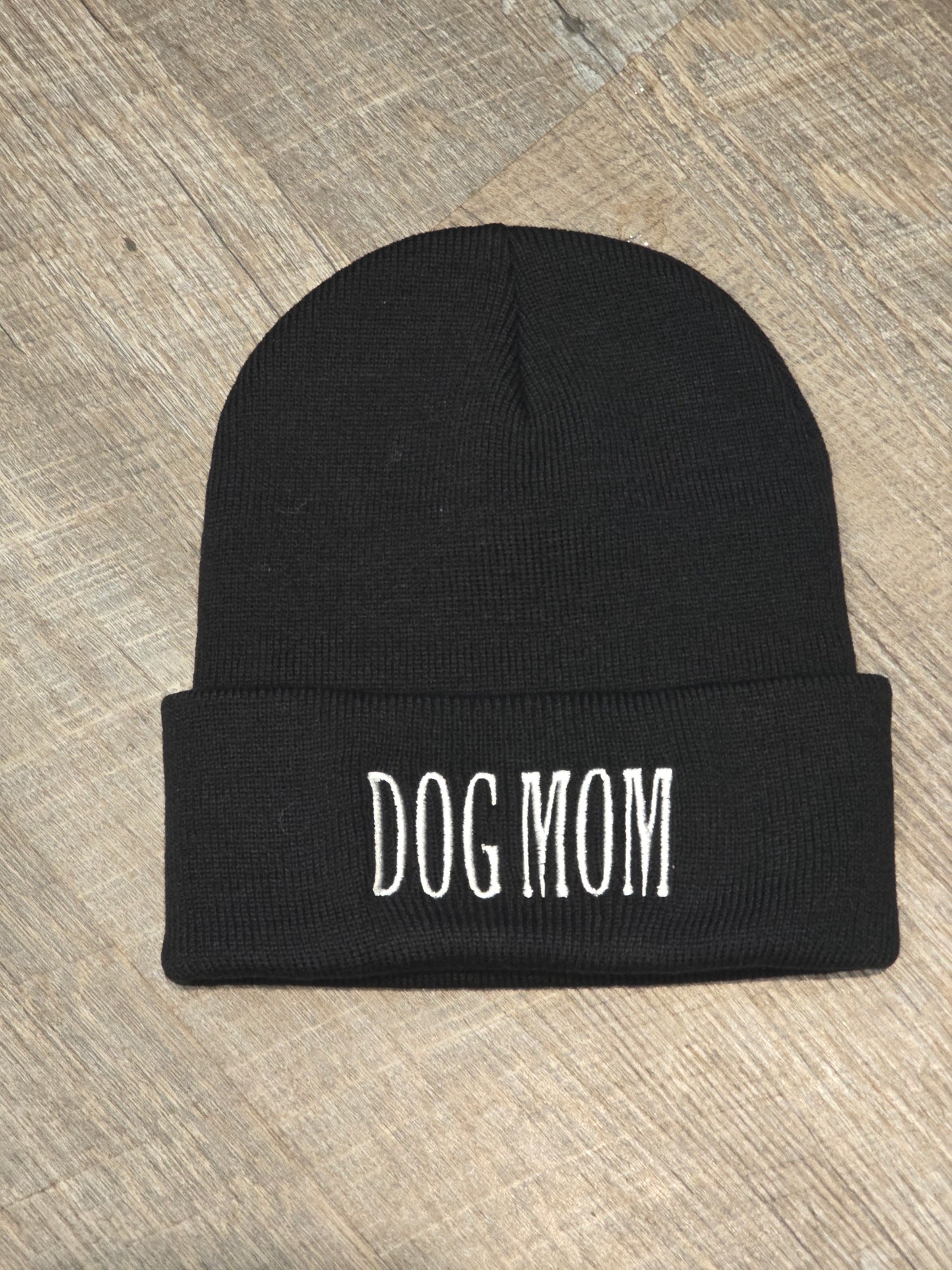 Embroidered Dog Mom Beanie in Black or Military Green Knit Hat