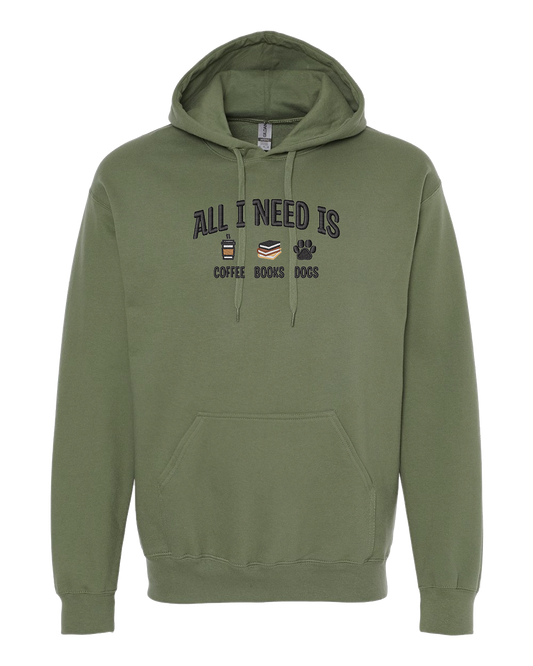 All I Need is Coffee, Books & Dogs - Embroidered Hoodie
