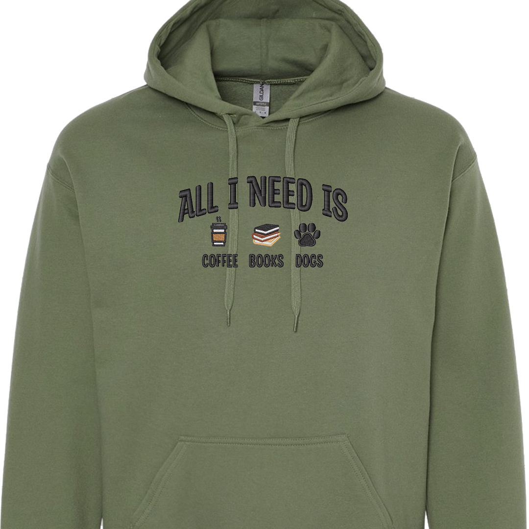 All I Need is Coffee, Books & Dogs - Embroidered Hoodie
