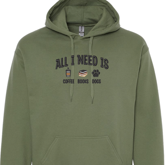 All I Need is Coffee, Books & Dogs - Embroidered Hoodie