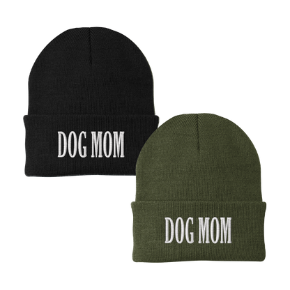 Embroidered Dog Mom Beanie in Black or Military Green Knit Hat