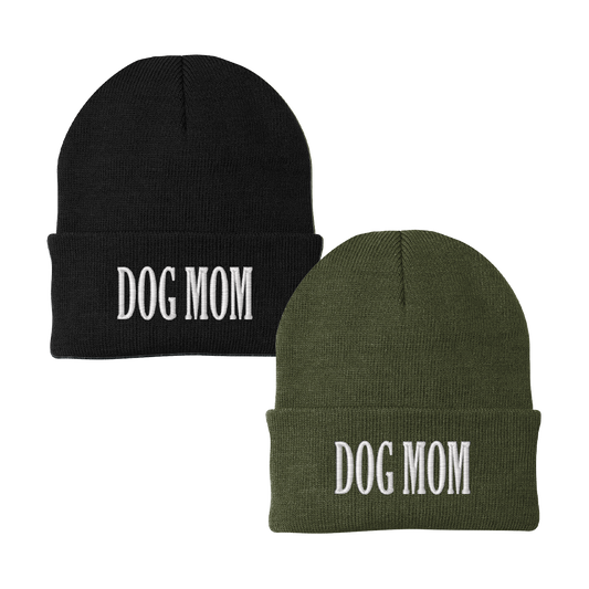 Embroidered Dog Mom Beanie in Black or Military Green Knit Hat