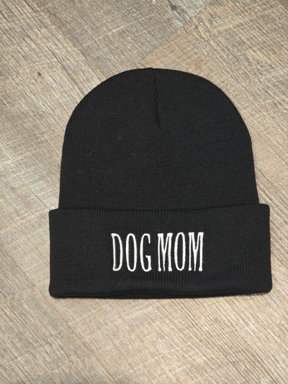 Embroidered Dog Mom Beanie in Black or Military Green Knit Hat