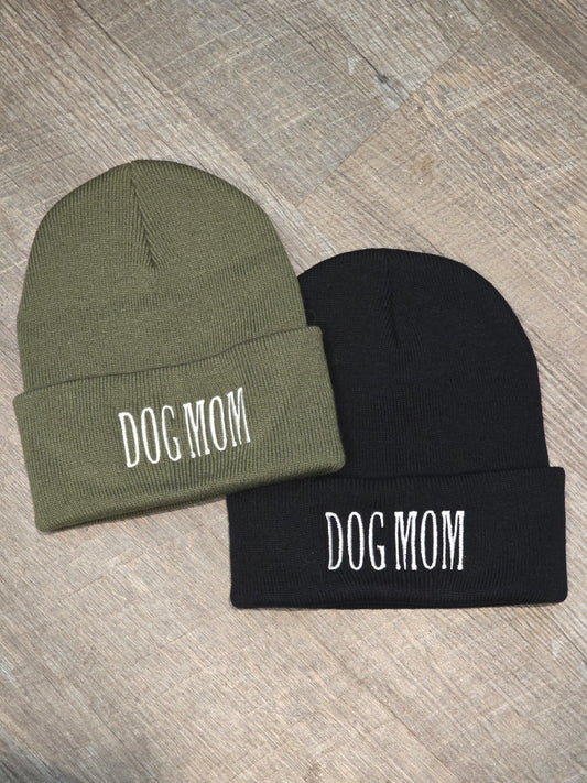 Embroidered Dog Mom Beanie in Black or Military Green Knit Hat